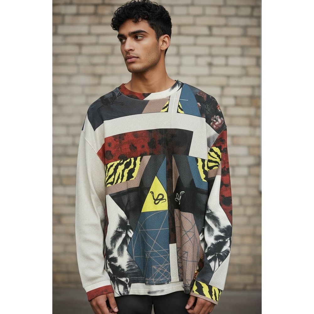 Black Scale Mens Graphic Waffle Knit Thermal Long Sleeve Shirt Multi-Color Print